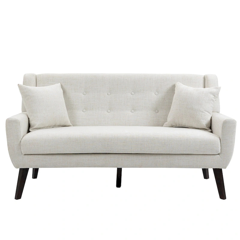 Causeuse mi-siècle en lin et coton touffeté, blanche / bleue / jaune / grise / beige, avec 2 oreillers, pour 2 personnes
