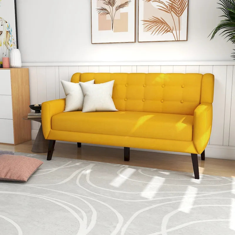 Causeuse mi-siècle en lin et coton touffeté, blanche / bleue / jaune / grise / beige, avec 2 oreillers, pour 2 personnes
