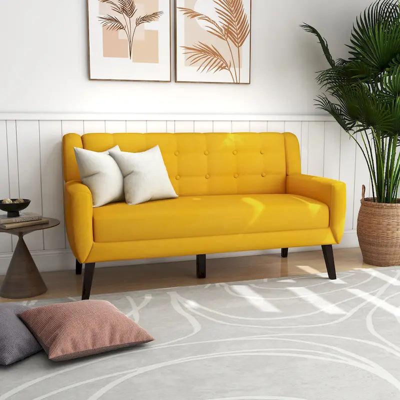 Causeuse mi-siècle en lin et coton touffeté, blanche / bleue / jaune / grise / beige, avec 2 oreillers, pour 2 personnes