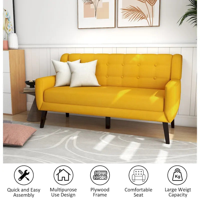 Causeuse mi-siècle en lin et coton touffeté, blanche / bleue / jaune / grise / beige, avec 2 oreillers, pour 2 personnes