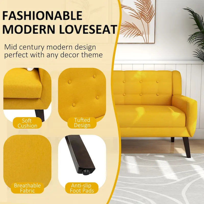 Causeuse mi-siècle en lin et coton touffeté, blanche / bleue / jaune / grise / beige, avec 2 oreillers, pour 2 personnes