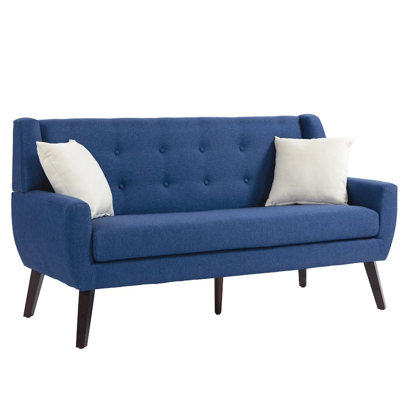 Causeuse mi-siècle en lin et coton touffeté, blanche / bleue / jaune / grise / beige, avec 2 oreillers, pour 2 personnes