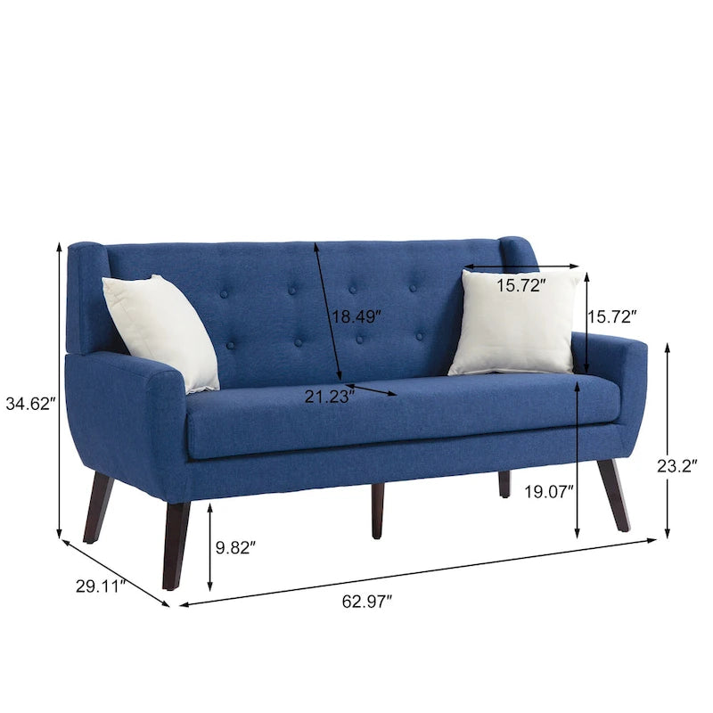 Causeuse mi-siècle en lin et coton touffeté, blanche / bleue / jaune / grise / beige, avec 2 oreillers, pour 2 personnes