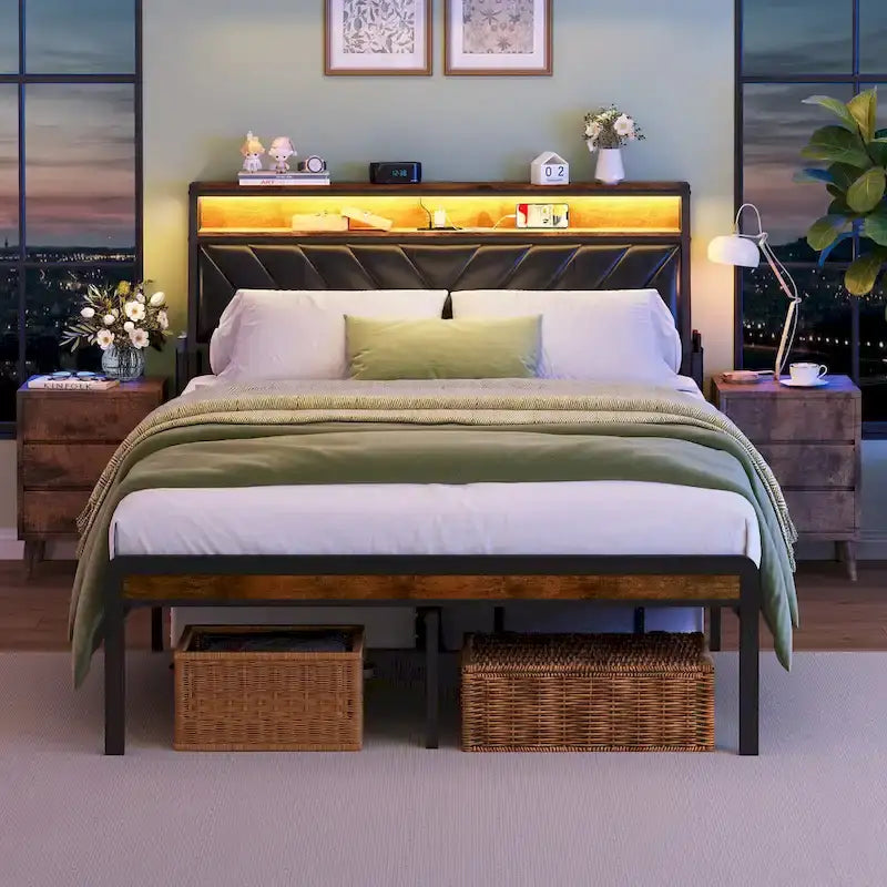Plattformbett in Queensize mit geneigtem Kopfteil und LED-Beleuchtung