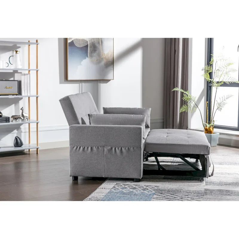 Causeuse-Lit Double Convertible en Lin Gris Clair avec Rangement pour 2