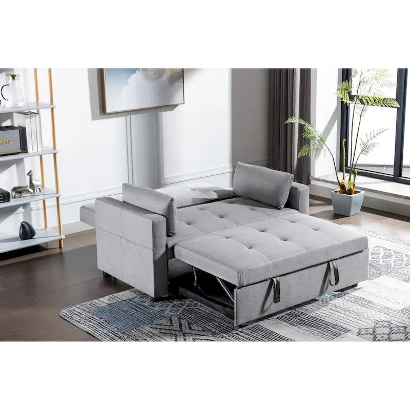 Causeuse-Lit Double Convertible en Lin Gris Clair avec Rangement pour 2