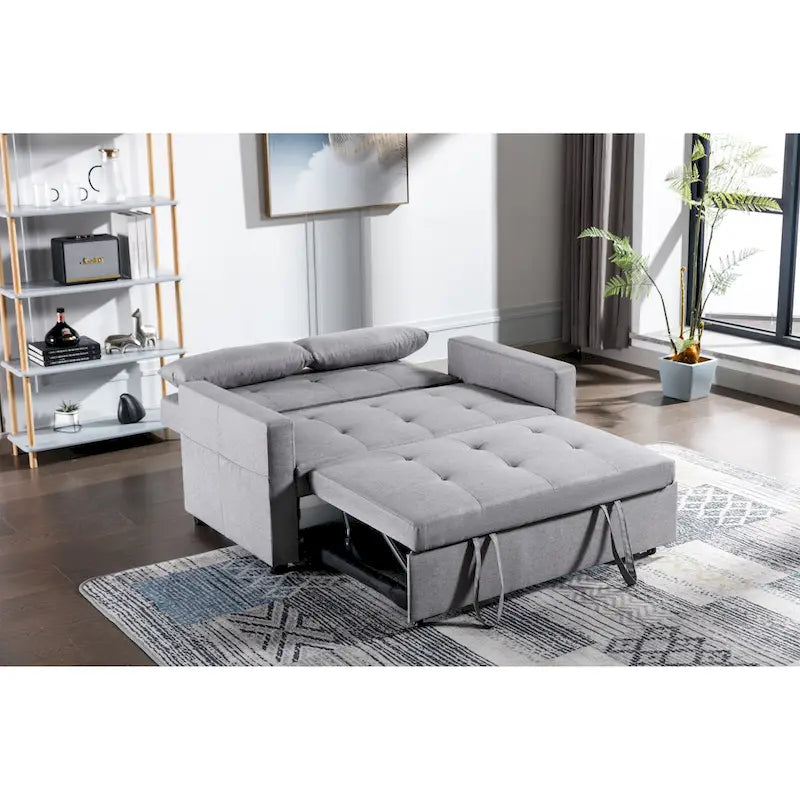 Causeuse-Lit Double Convertible en Lin Gris Clair avec Rangement pour 2