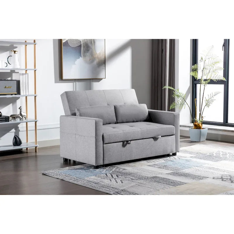 Causeuse-Lit Double Convertible en Lin Gris Clair avec Rangement pour 2