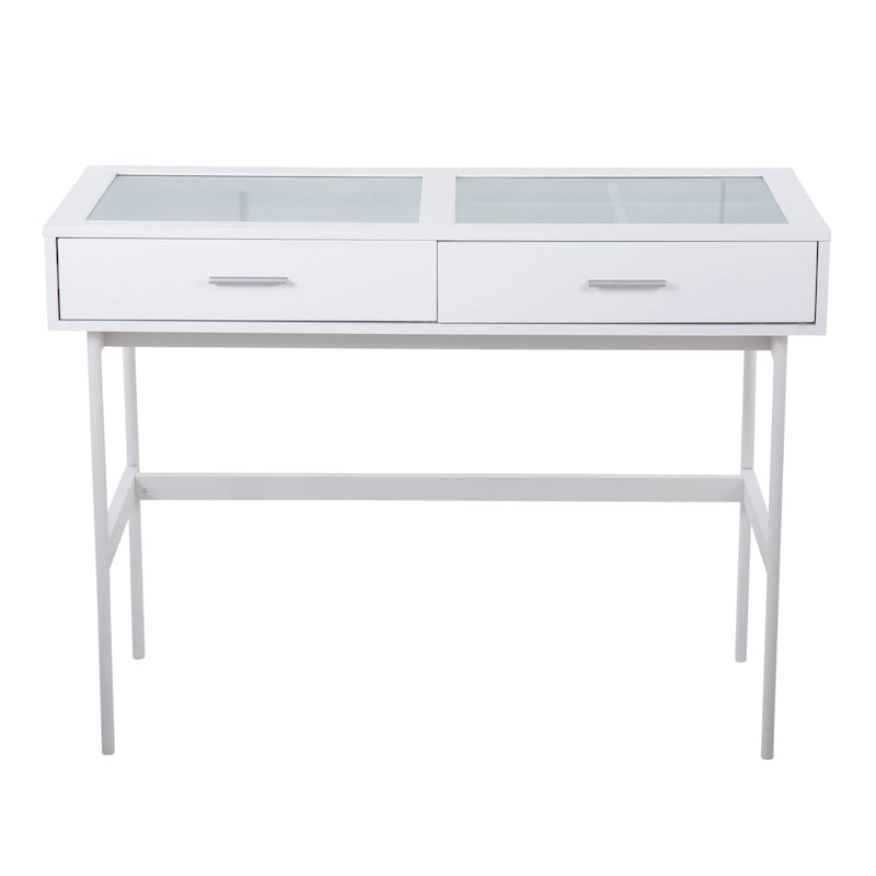 Console avec plateau en verre et 2 tiroirs – Blanc / Noir, structure métallique contemporaine, utilisateur unique