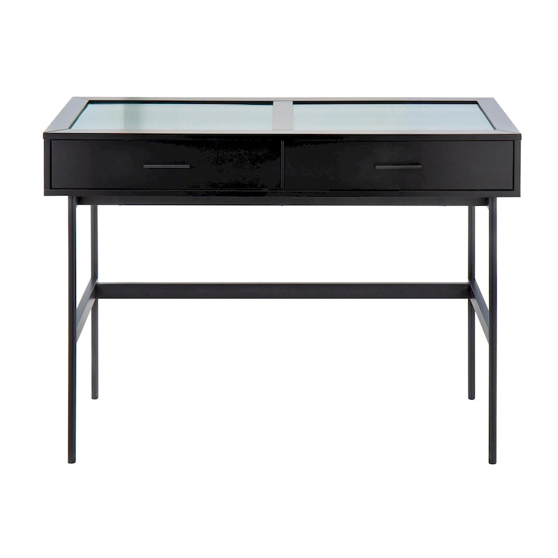 Console avec plateau en verre et 2 tiroirs – Blanc / Noir, structure métallique contemporaine, utilisateur unique