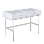 Console avec plateau en verre et 2 tiroirs – Blanc / Noir, structure métallique contemporaine, utilisateur unique