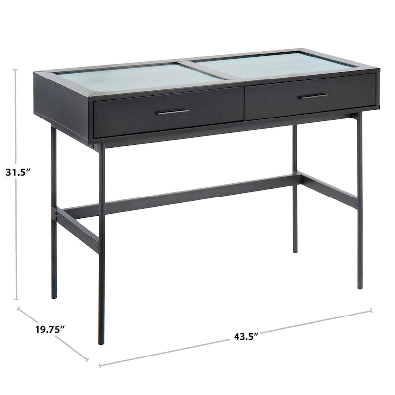 Console avec plateau en verre et 2 tiroirs – Blanc / Noir, structure métallique contemporaine, utilisateur unique