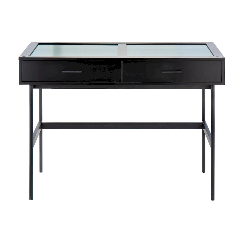 Console avec plateau en verre et 2 tiroirs – Blanc / Noir, structure métallique contemporaine, utilisateur unique