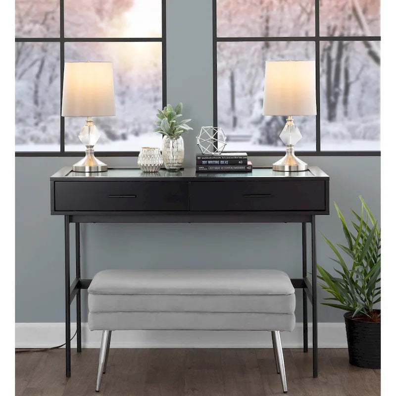 Console avec plateau en verre et 2 tiroirs – Blanc / Noir, structure métallique contemporaine, utilisateur unique
