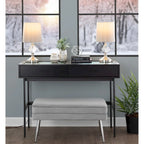 Console avec plateau en verre et 2 tiroirs – Blanc / Noir, structure métallique contemporaine, utilisateur unique