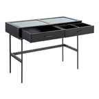 Console avec plateau en verre et 2 tiroirs – Blanc / Noir, structure métallique contemporaine, utilisateur unique