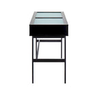 Console avec plateau en verre et 2 tiroirs – Blanc / Noir, structure métallique contemporaine, utilisateur unique