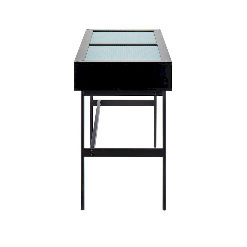 Console avec plateau en verre et 2 tiroirs – Blanc / Noir, structure métallique contemporaine, utilisateur unique