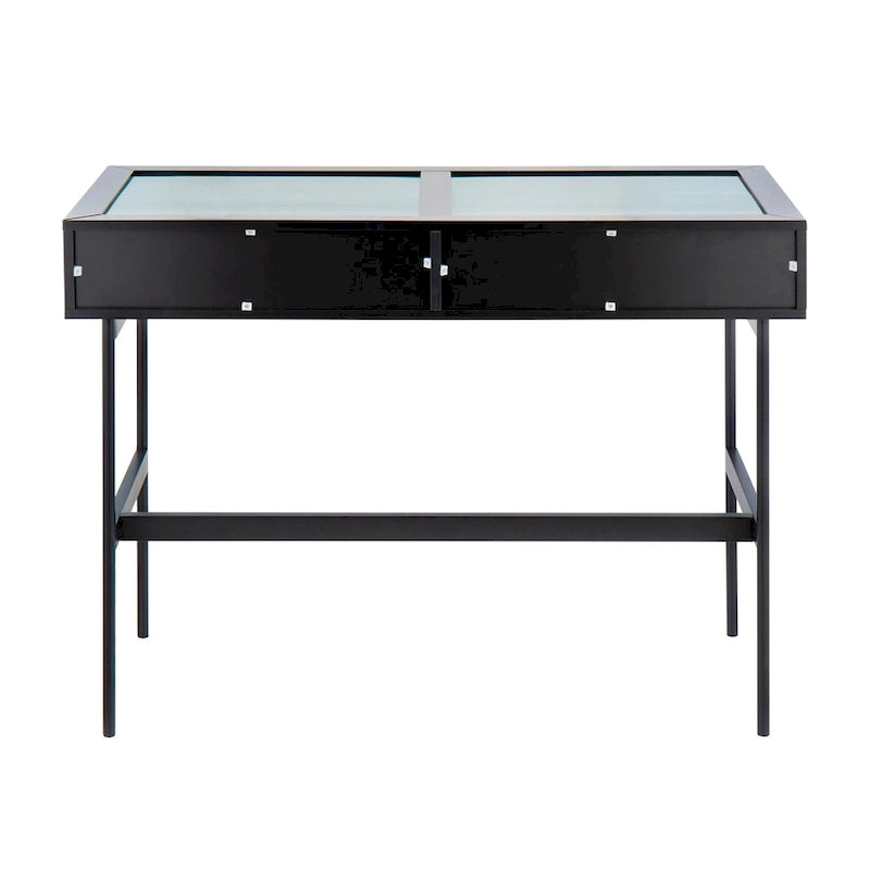 Console avec plateau en verre et 2 tiroirs – Blanc / Noir, structure métallique contemporaine, utilisateur unique