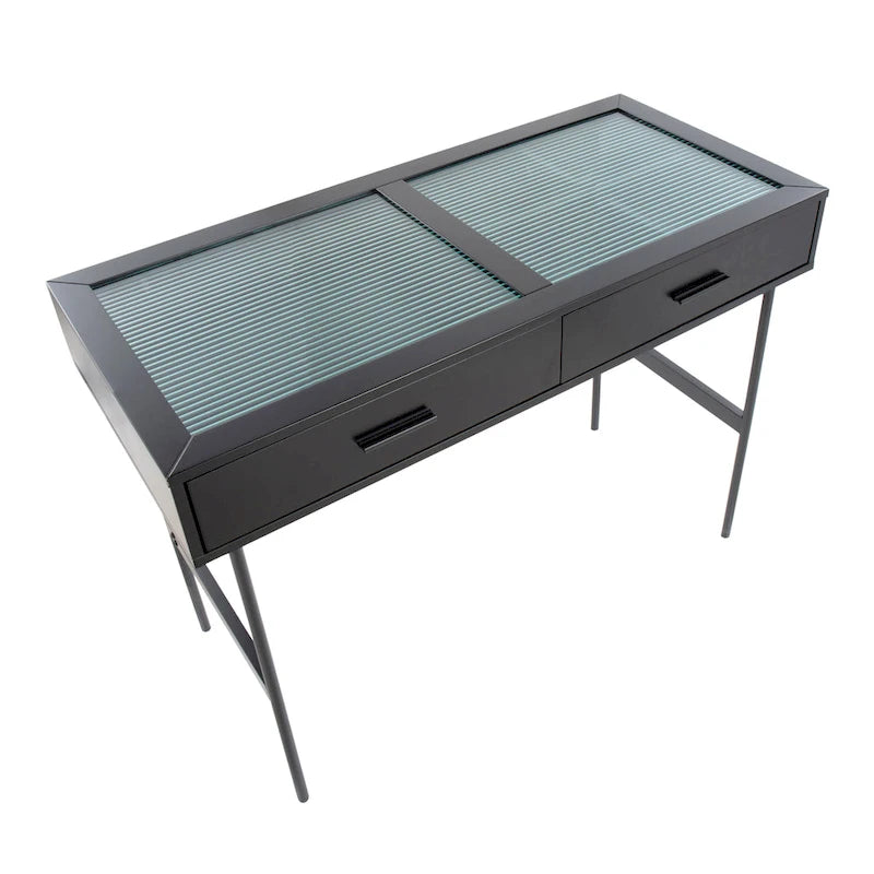 Console avec plateau en verre et 2 tiroirs – Blanc / Noir, structure métallique contemporaine, utilisateur unique