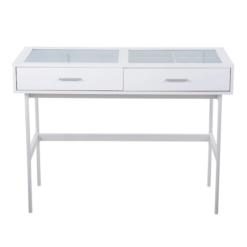 Console avec plateau en verre et 2 tiroirs – Blanc / Noir, structure métallique contemporaine, utilisateur unique