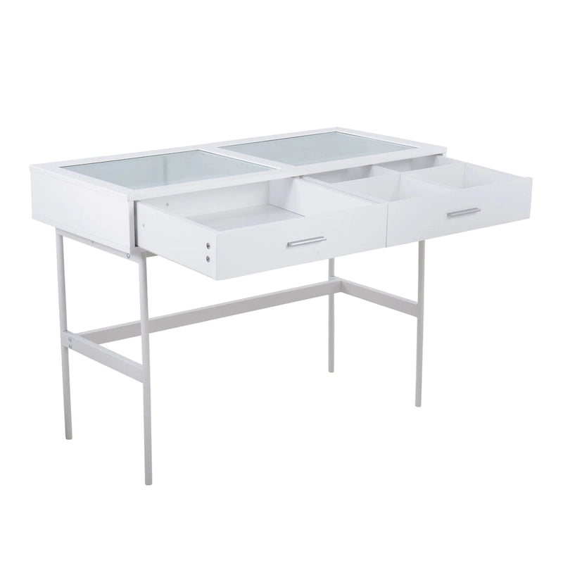 Console avec plateau en verre et 2 tiroirs – Blanc / Noir, structure métallique contemporaine, utilisateur unique