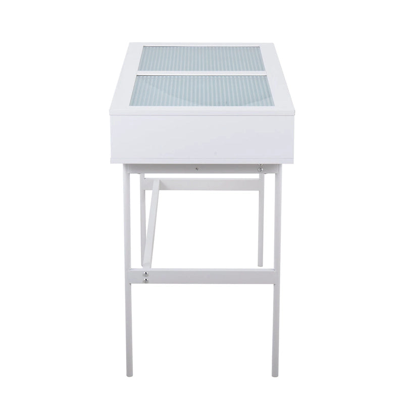 Console avec plateau en verre et 2 tiroirs – Blanc / Noir, structure métallique contemporaine, utilisateur unique