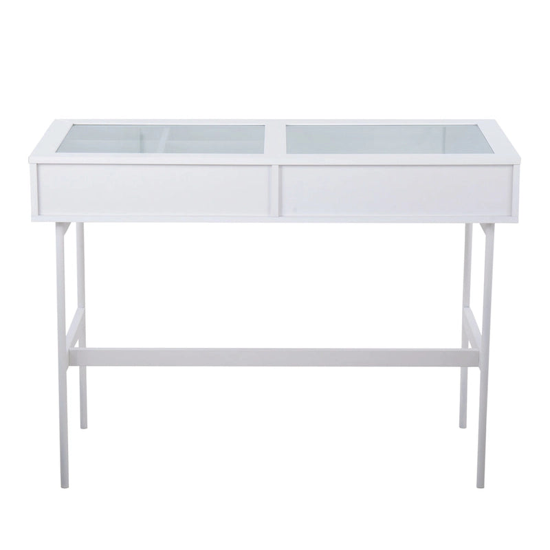 Console avec plateau en verre et 2 tiroirs – Blanc / Noir, structure métallique contemporaine, utilisateur unique