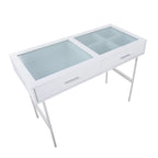 Console avec plateau en verre et 2 tiroirs – Blanc / Noir, structure métallique contemporaine, utilisateur unique