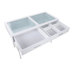 Console avec plateau en verre et 2 tiroirs – Blanc / Noir, structure métallique contemporaine, utilisateur unique
