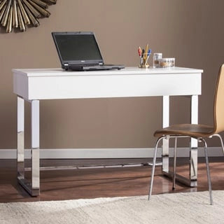 Bureau assis-debout relevable en MDF blanc brillant avec rangement intégré et pieds chromés pour 1 personne