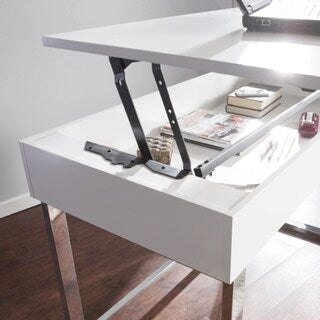 Bureau assis-debout relevable en MDF blanc brillant avec rangement intégré et pieds chromés pour 1 personne