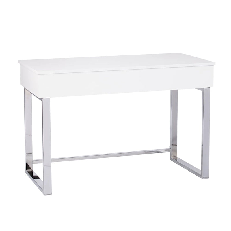 Bureau assis-debout relevable en MDF blanc brillant avec rangement intégré et pieds chromés pour 1 personne