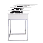 Bureau assis-debout relevable en MDF blanc brillant avec rangement intégré et pieds chromés pour 1 personne