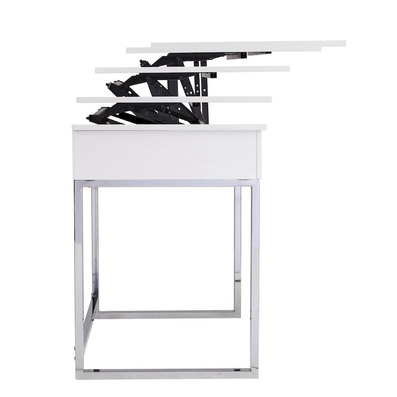 Bureau assis-debout relevable en MDF blanc brillant avec rangement intégré et pieds chromés pour 1 personne