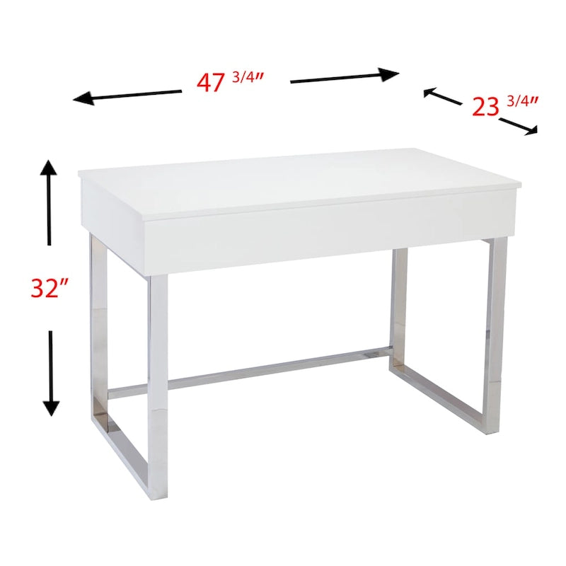 Bureau assis-debout relevable en MDF blanc brillant avec rangement intégré et pieds chromés pour 1 personne