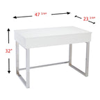 Bureau assis-debout relevable en MDF blanc brillant avec rangement intégré et pieds chromés pour 1 personne