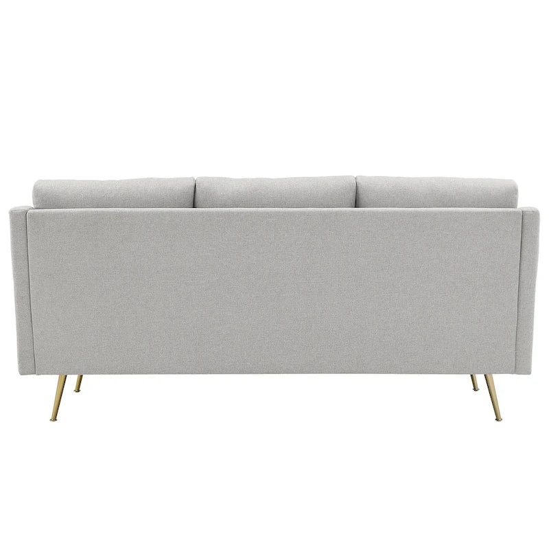 Canapé 3 places avec accoudoirs roulés et pieds en métal doré – Gris, Tissu et contreplaqué modernes du milieu du siècle, 3 utilisateurs