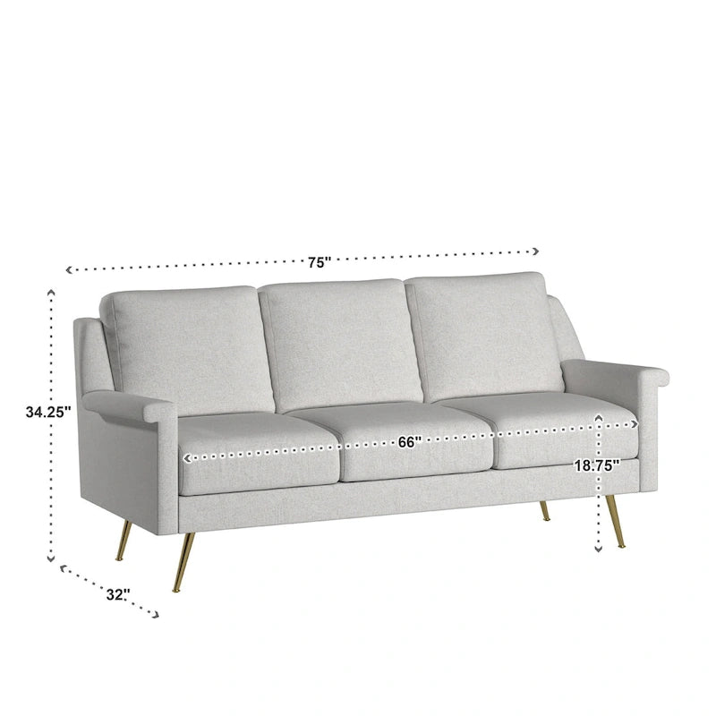 Canapé 3 places avec accoudoirs roulés et pieds en métal doré – Gris, Tissu et contreplaqué modernes du milieu du siècle, 3 utilisateurs