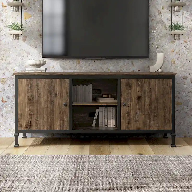 Meuble TV en bois de chêne rustique et métal avec 2 armoires pour téléviseurs jusqu'à 65 pouces