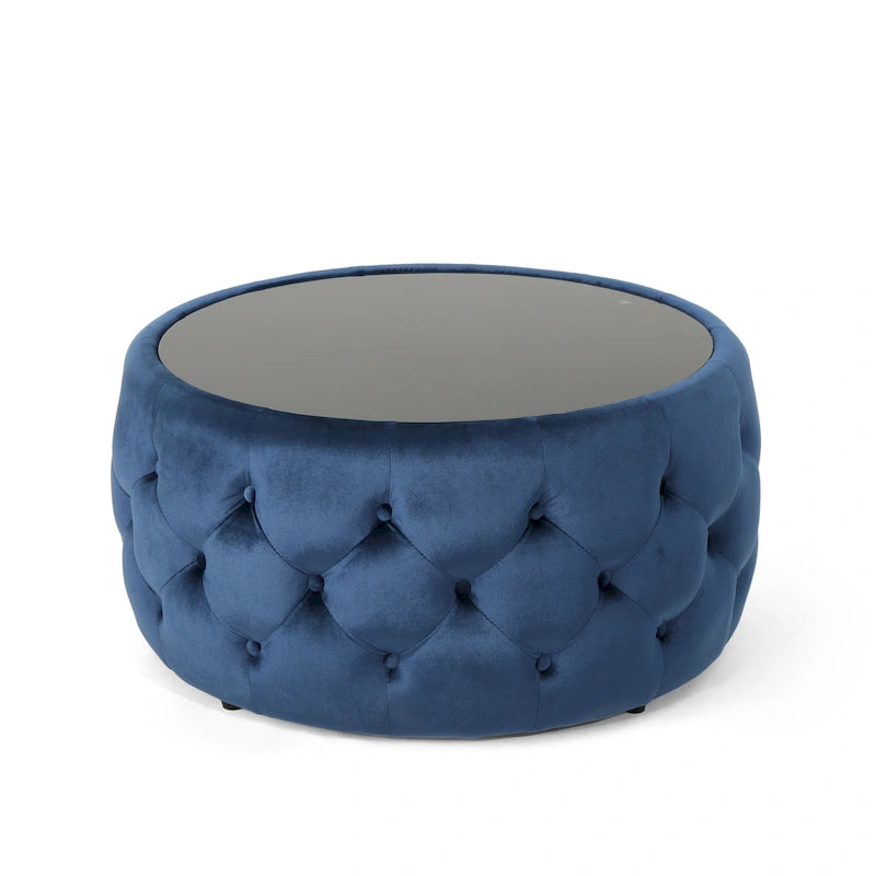 Pouf capitonné en velours fumée / cobalt / beige / rose avec plateau en verre trempé pour 1 personne