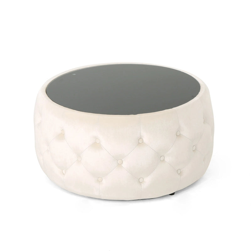 Pouf capitonné en velours fumée / cobalt / beige / rose avec plateau en verre trempé pour 1 personne