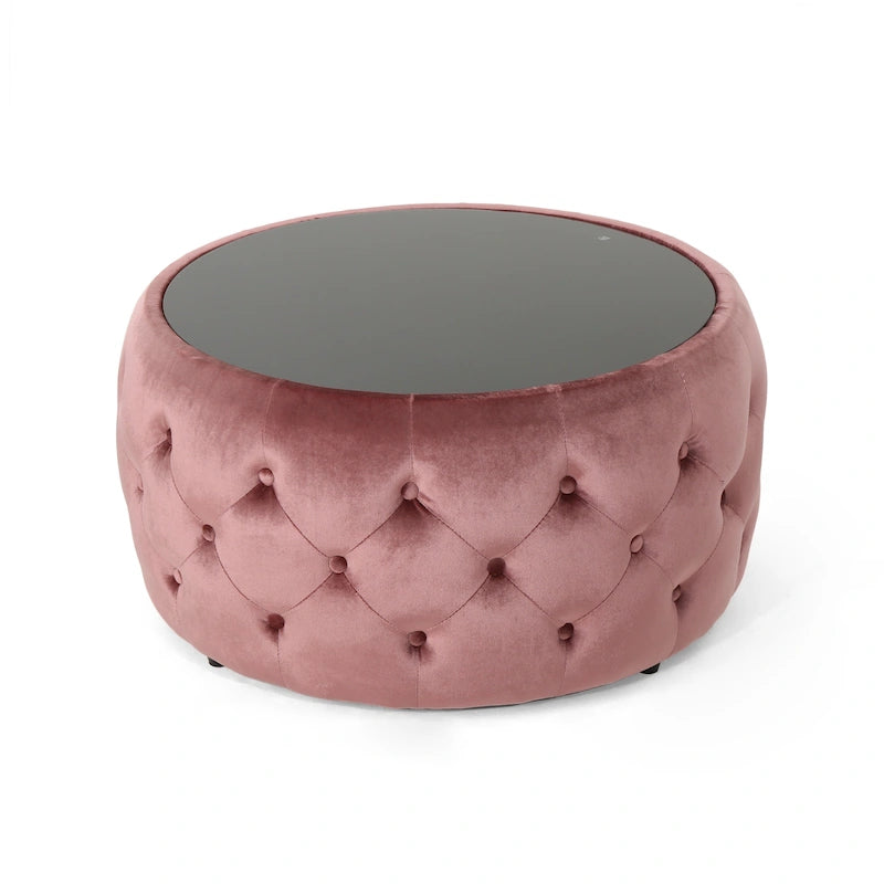 Pouf capitonné en velours fumée / cobalt / beige / rose avec plateau en verre trempé pour 1 personne