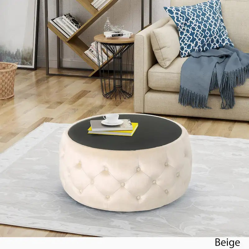 Pouf capitonné en velours fumée / cobalt / beige / rose avec plateau en verre trempé pour 1 personne