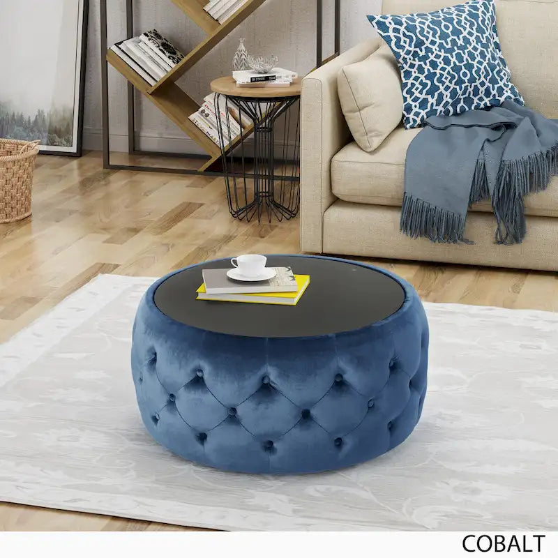 Pouf capitonné en velours fumée / cobalt / beige / rose avec plateau en verre trempé pour 1 personne