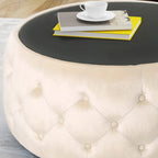 Pouf capitonné en velours fumée / cobalt / beige / rose avec plateau en verre trempé pour 1 personne