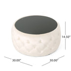 Pouf capitonné en velours fumée / cobalt / beige / rose avec plateau en verre trempé pour 1 personne
