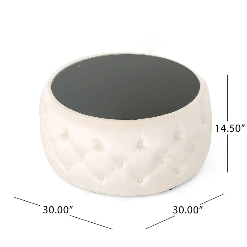 Pouf capitonné en velours fumée / cobalt / beige / rose avec plateau en verre trempé pour 1 personne
