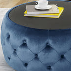 Pouf capitonné en velours fumée / cobalt / beige / rose avec plateau en verre trempé pour 1 personne