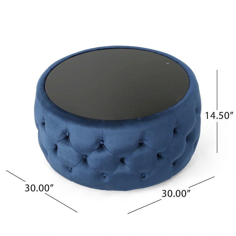 Pouf capitonné en velours fumée / cobalt / beige / rose avec plateau en verre trempé pour 1 personne